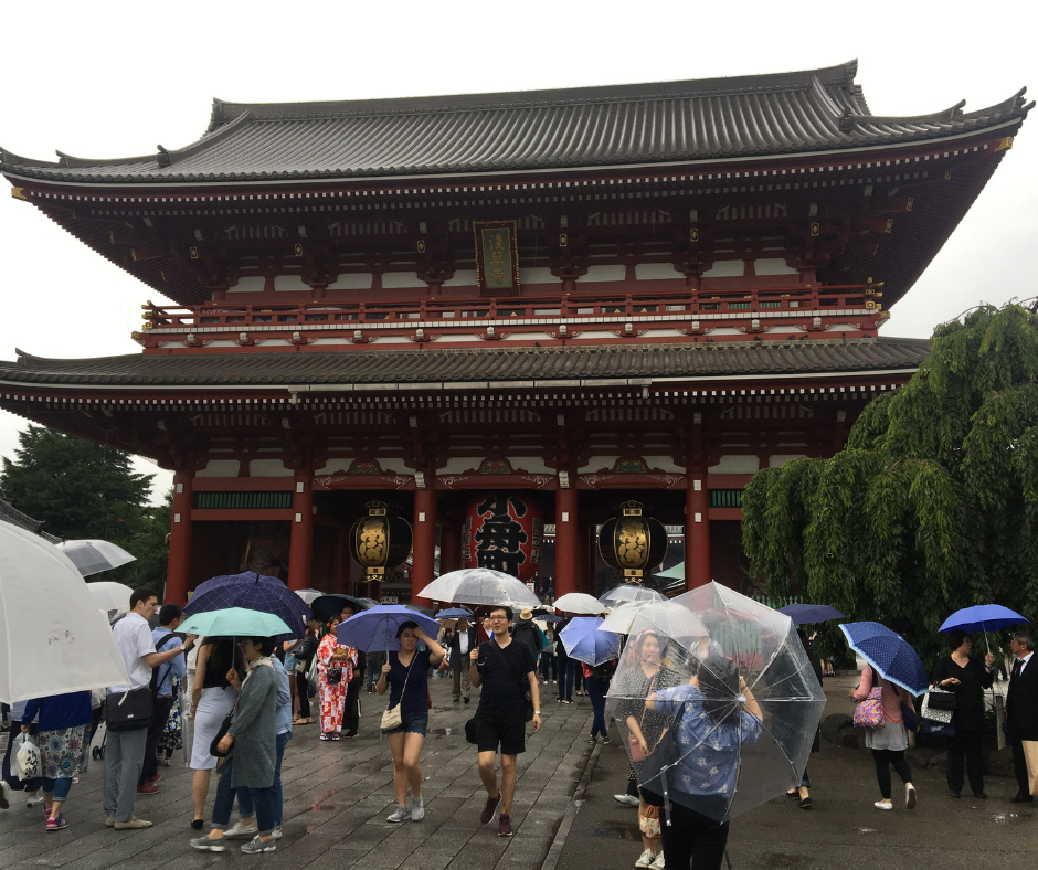 The front of the beautiful Senso-Ji Temple on a wet day