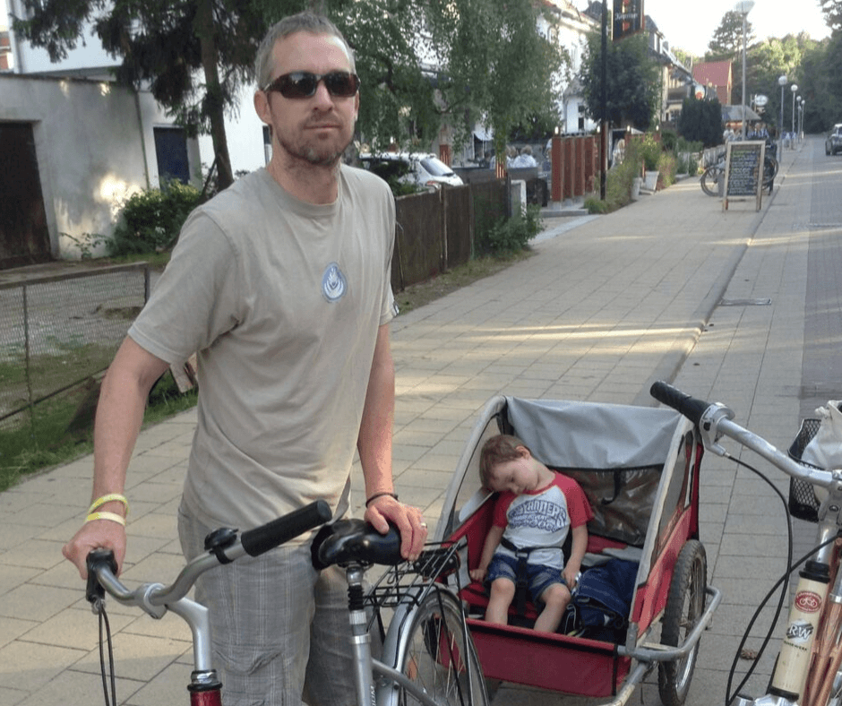 Lukas sleep is we pose for a bike photo