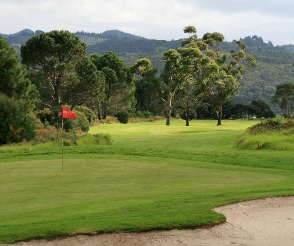 Matarangi golf course, looking back down the fairway towards the hills