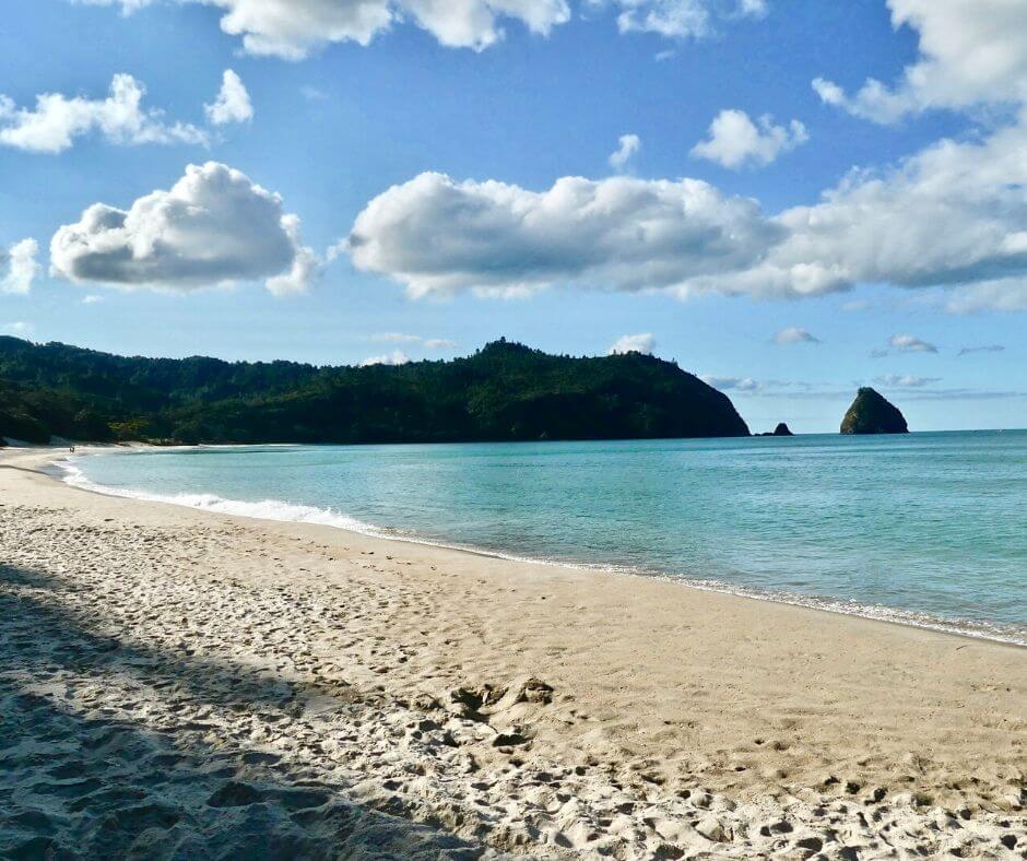 Looking down the New Chums Beach, clear water and white sand