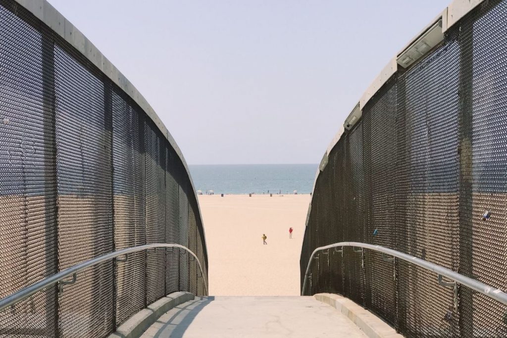 View from a bridge looking at Santa Monica beach and the Pacific Ocean