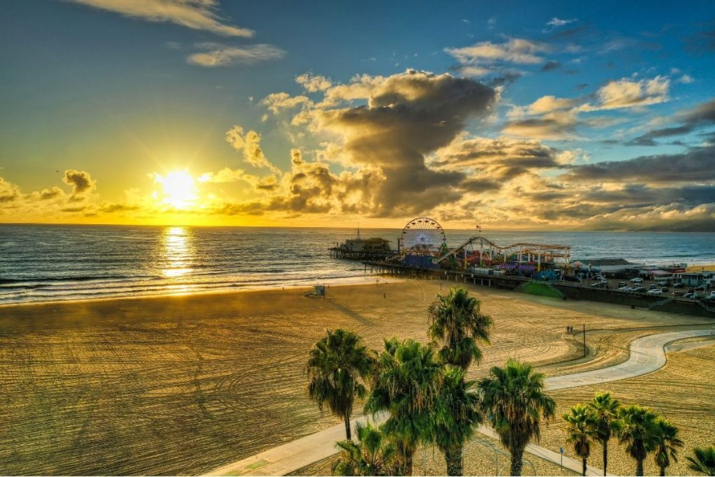 As the sunsets over Santa Monica Pier, South Beach and the Pacific Ocean, just one of the things to do in Santa Monica