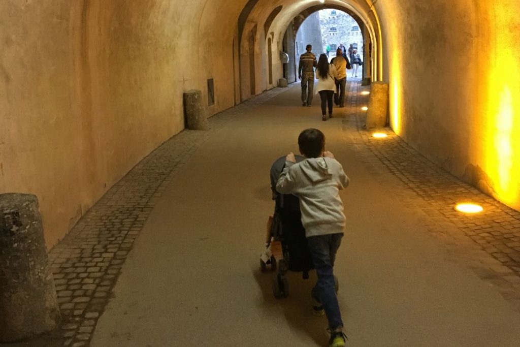 Walking through the tunnel as we make our way around Ehrenbreitstein Fortress