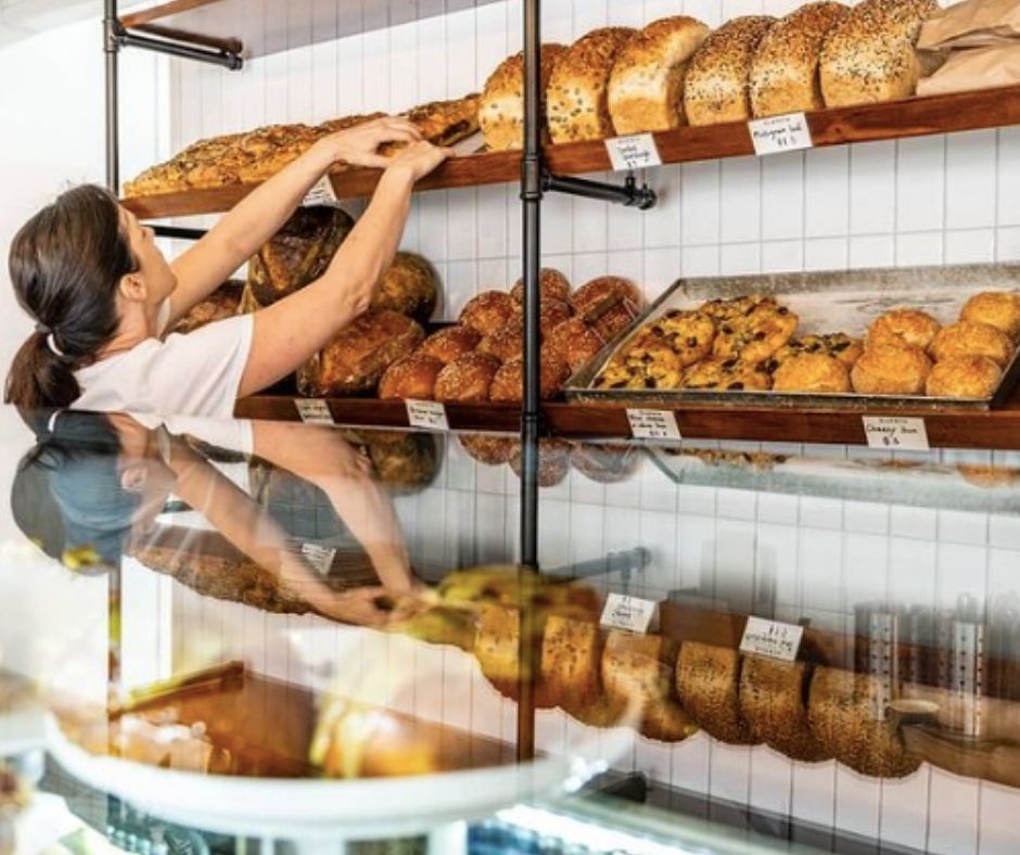 Elspeth's Bakery display shelves, stocked with breads and other home made pastries