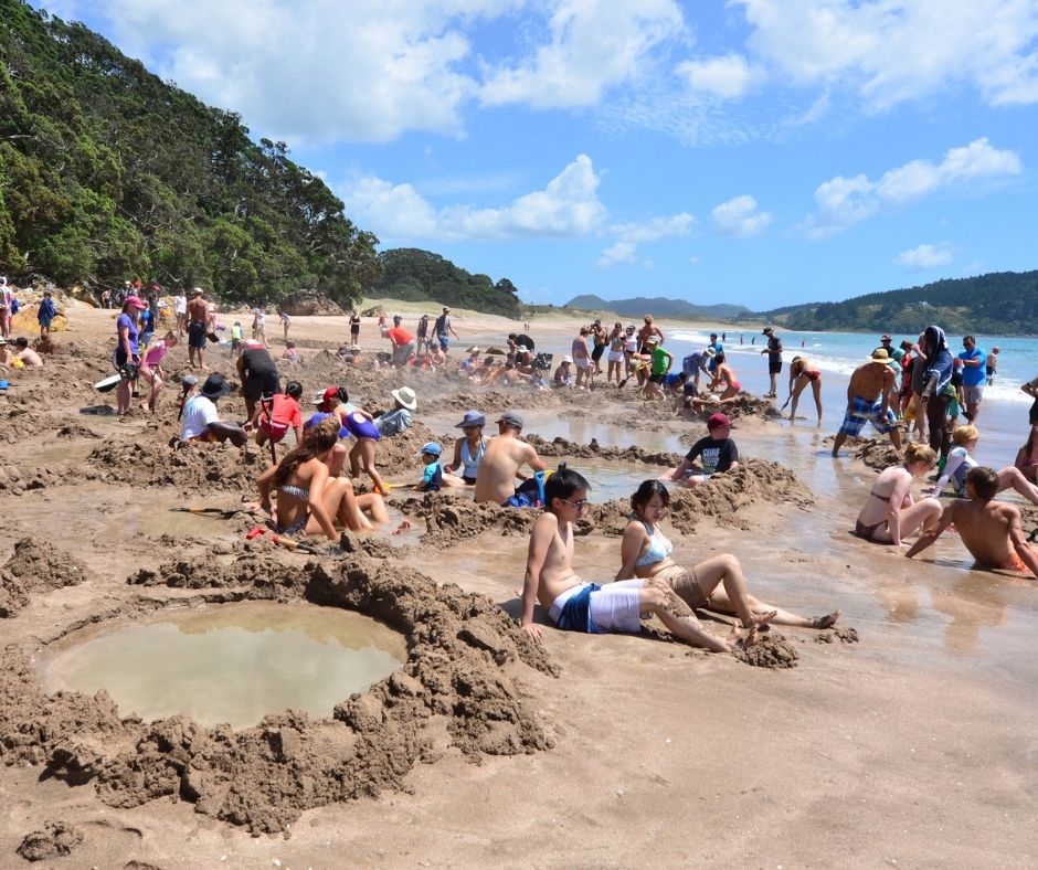 People making small hot water pools in one of the best beaches in the Coromandel, Hot Water beach. It one of the most popular geothermal attractions in New Zealand