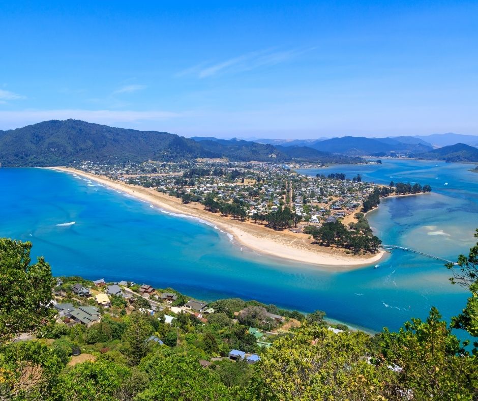 Pauanui, stunning beach in the Coromandel, is seen here from the slopes of Mount Paku in the neighboring town of Tairua