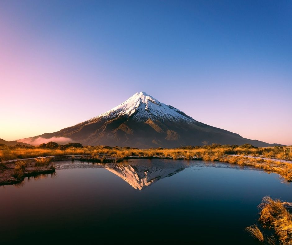 Mount Taranaki reflecting in the lake