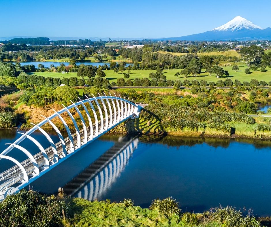 Birds eye view of with Mount Taranaki and Te Rewa Rewa Bridge and the stunning New Plymounth countryside