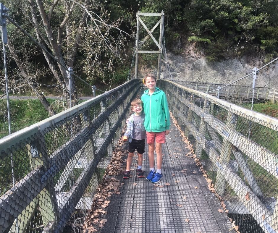 The boys posing for a photo on Waikino Memorial Bridge