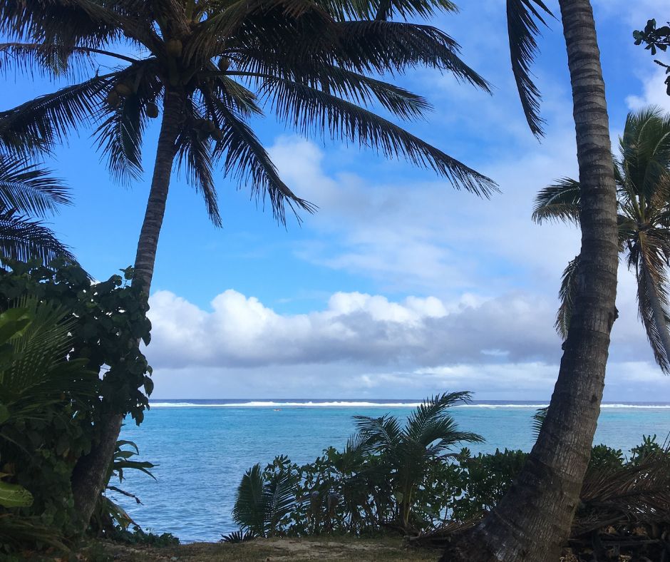 View from our room at Edgeware Resort, over looking the lagoon surrounded by palm trees