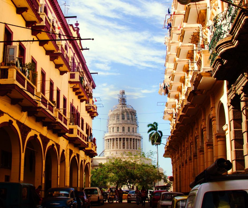 Looking down the street at the National Capitol of Cuba