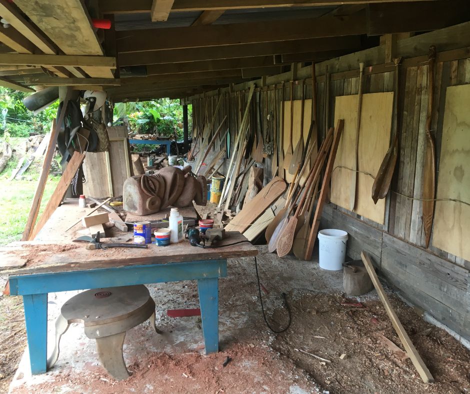 The workshop at Tavioni's gallery, full of timber and tools