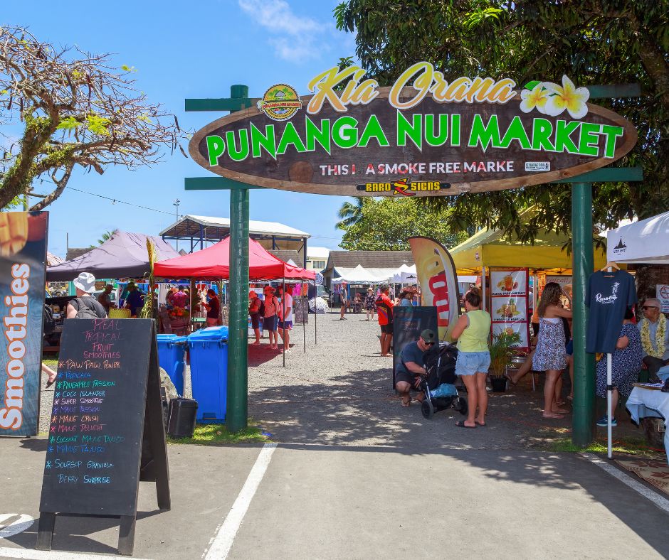 Punanga Nui Market, this is a wonderful spot to visit, shop and eat