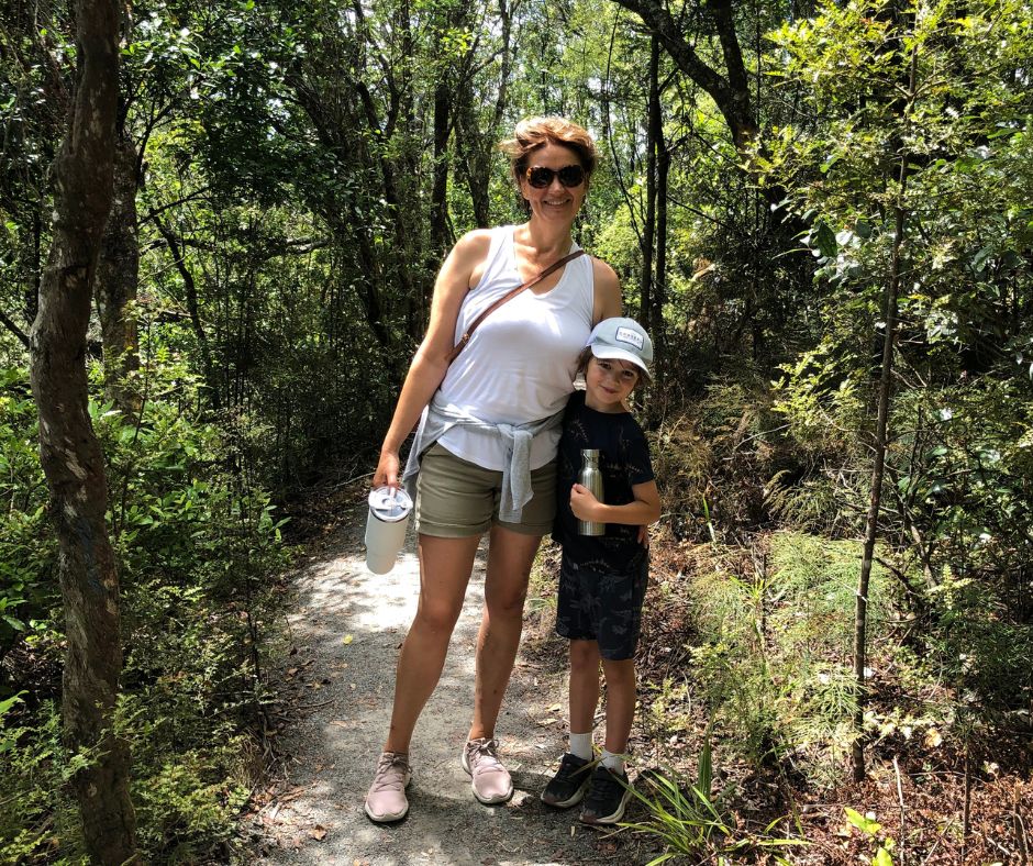 Mum and Sawyer posing at the top of the Te Harikoa track