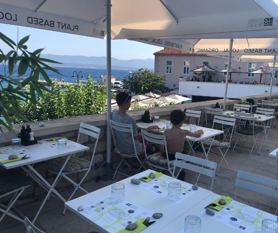 Sitting in Biomania restaurant in Bol looking across at the Adractic