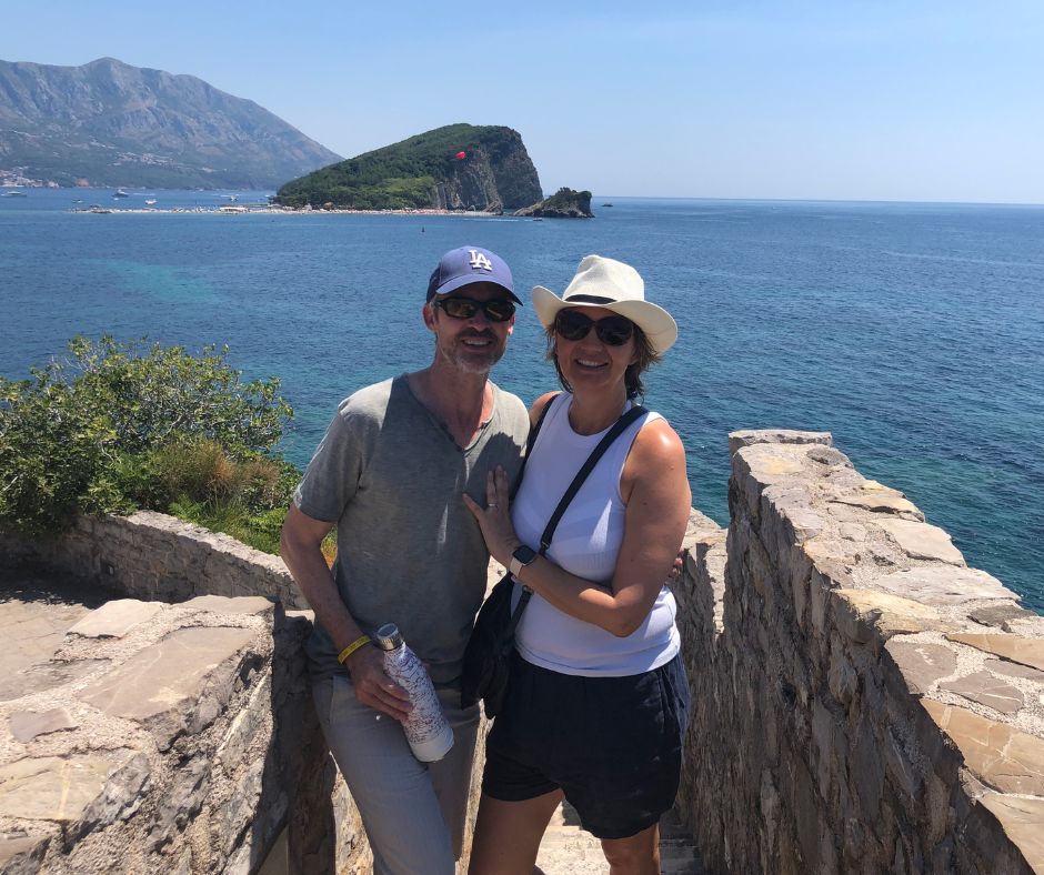 Connie and I having our phot taking from the City Walls with Sveti Nikola Island in the background