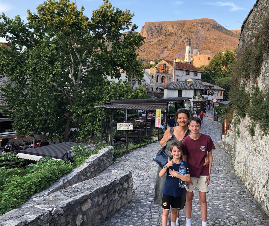 Connie and the boys posing along the cobble stone pathway that leads to Crook Bridge