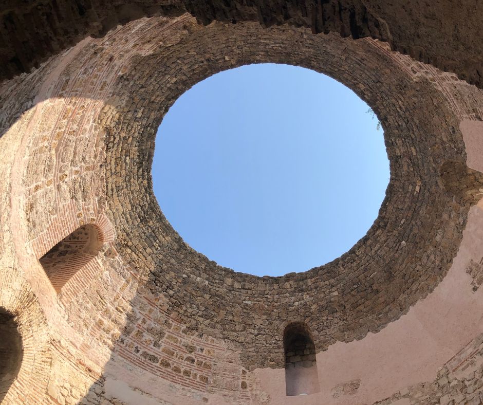 Looking up at the hole at the top of the Vestibule in Diocletian Palace in the old town of Split