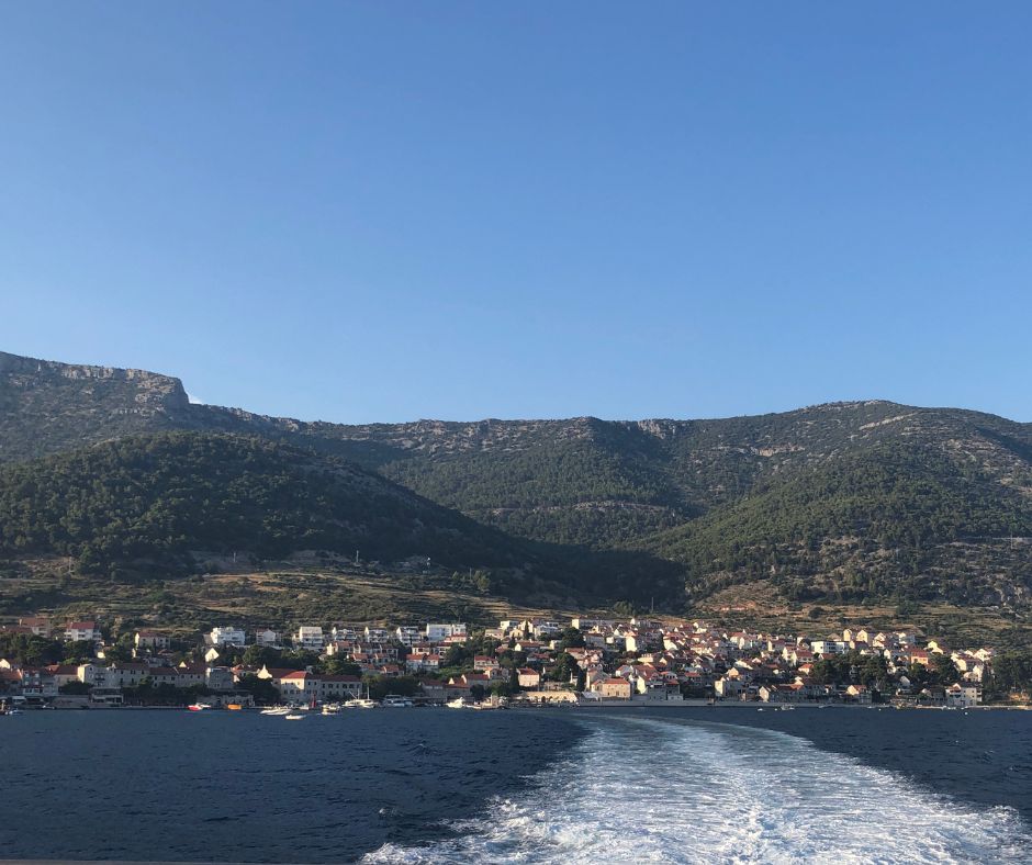 Looking at the Town of Bol from the back of the ferry. The mountains in the background