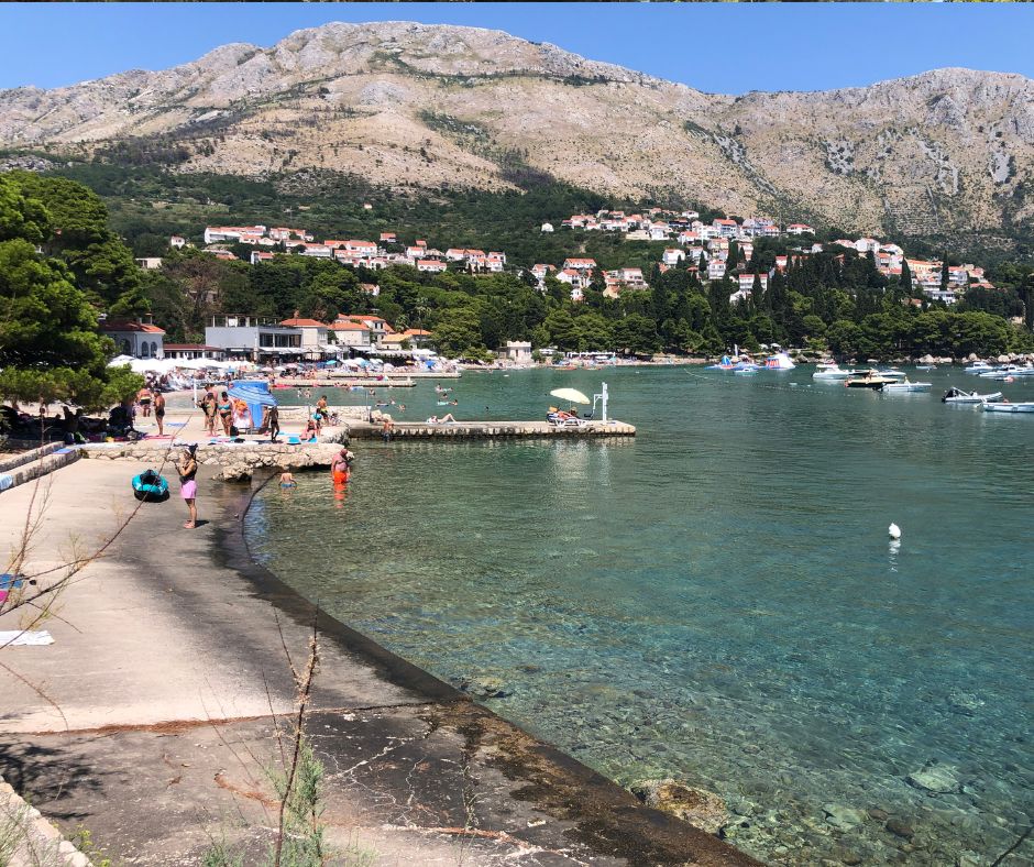 View from Mlini marina towrds Srebreno Beach with the mountains in the background