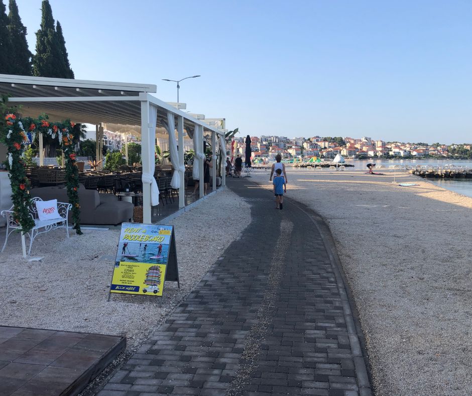 Looking down the boardwalk at the restaurants