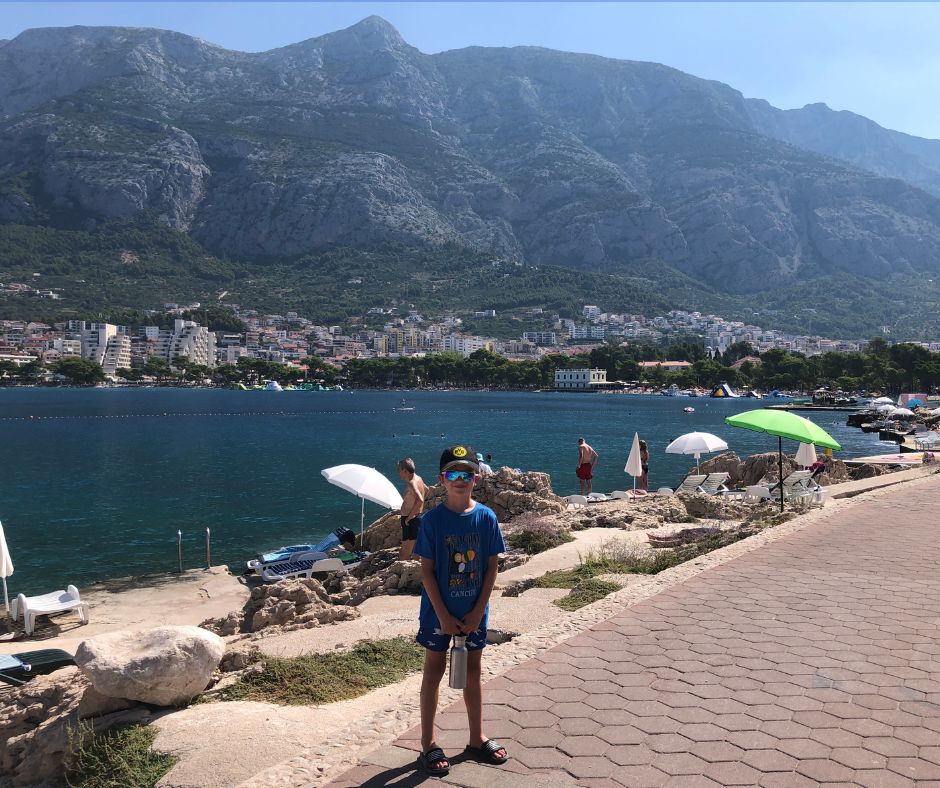 Starting our walk to St Peters Forest Park, stunning views of Makarska and the Biokovo Mountains behinf him