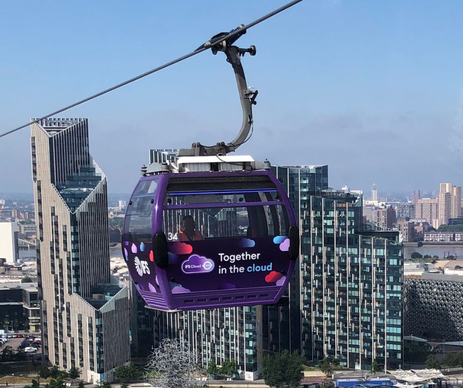 A Thames cable car passing above us, fly above London