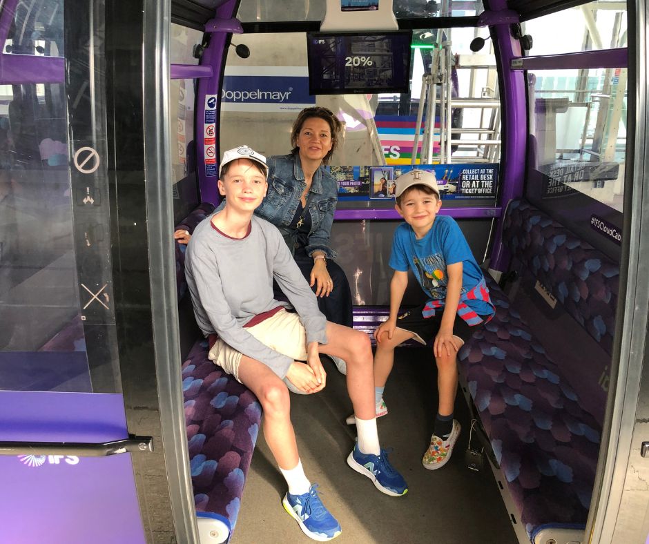 Mum and the boys posing for a last photo inside the Thames cable car