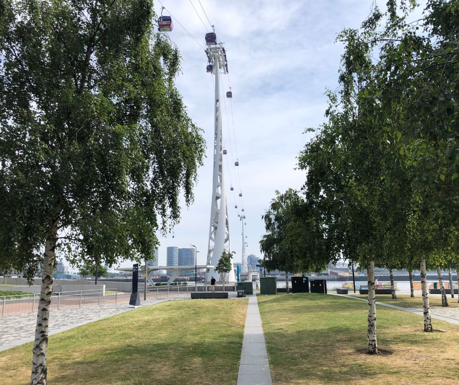 Looking up at the Thames Cable cars from the ground