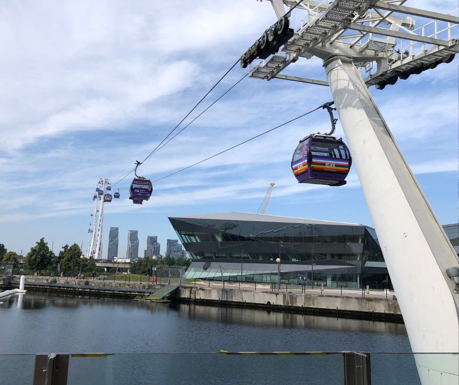 The start of the journey, The Thames cable car leaving the station and heading up