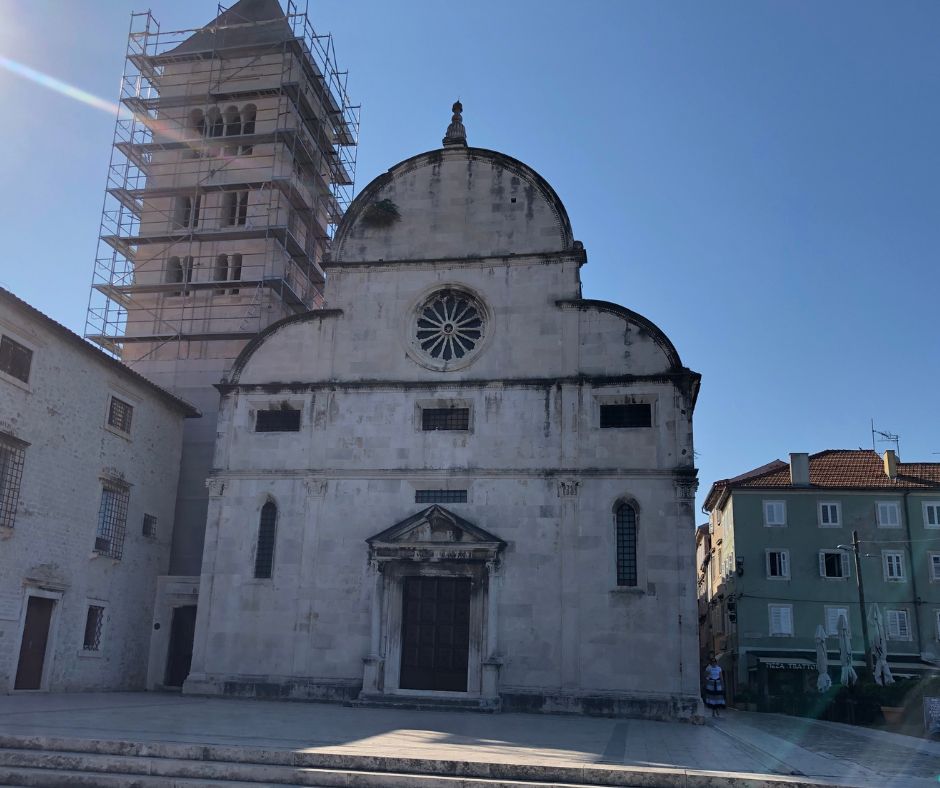 The front of an old church in the Roman Forum which makes park of Zadar's Old Town