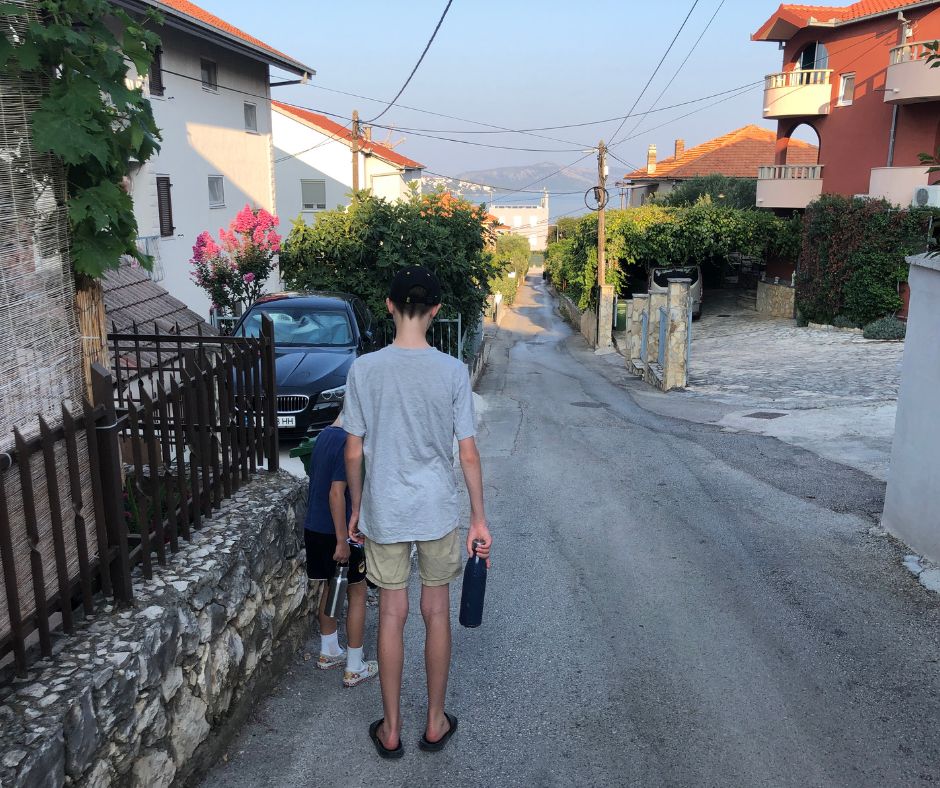 Sawyer and Lukas ready to walk in the early morning