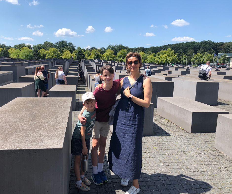 Connie and the boys posing for a photo at he Memorial to the Murdered Jews of Europe