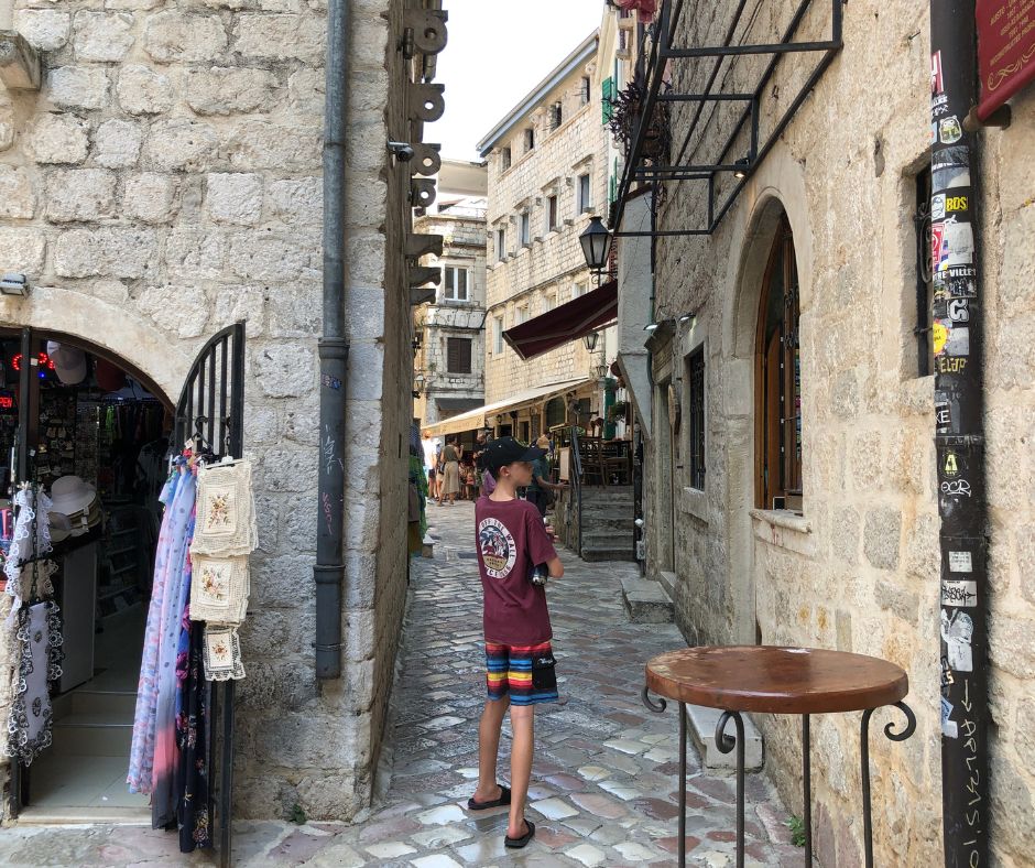 Lukas wandering the narrow streets of the Old town of Kotor