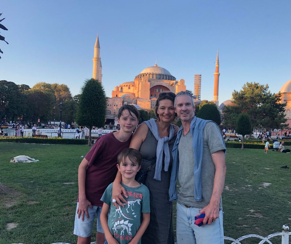 family photo in Sultanahmet Park with Hagia Sophia in the background