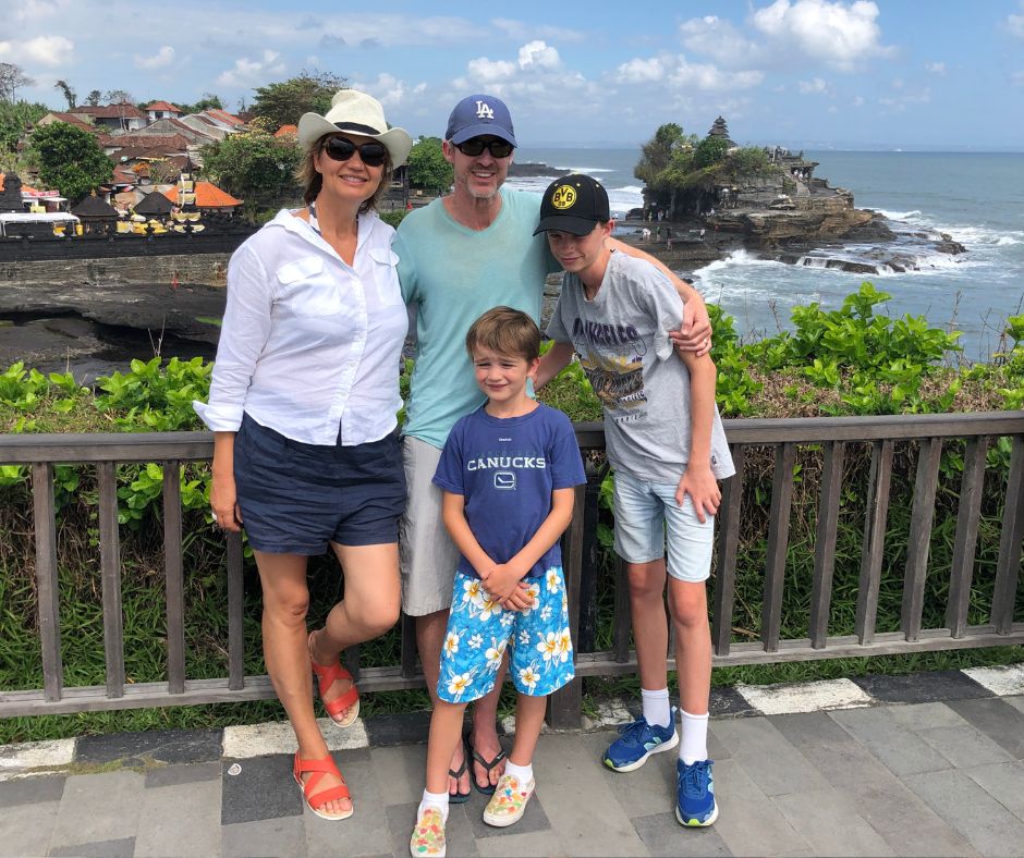 Family photo from Batu Bolong with Temple Lot Temple in the background