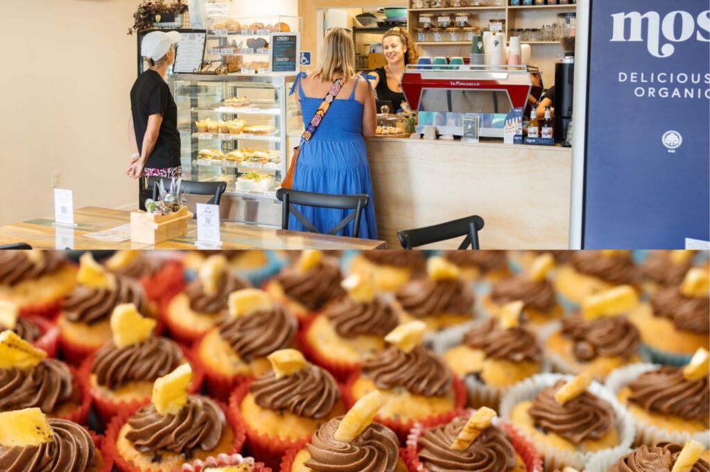 Split photo, top photo shows people ordering and the bottom photo are chocolate icing cupcakes