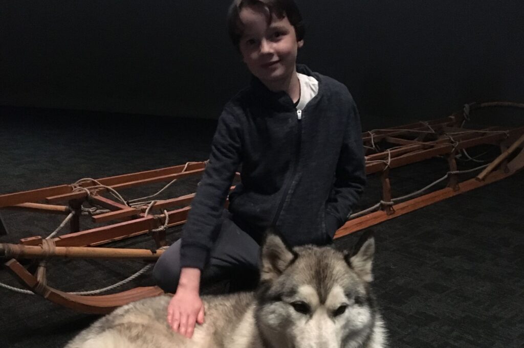 Lukas patting a husky