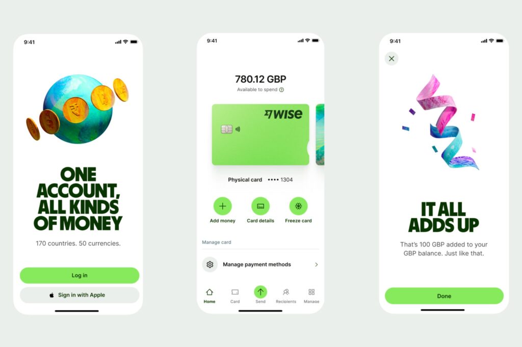 three screen shots that show the different wise card app features