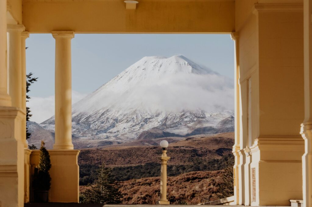 Beautiful Mt Ngauruhoe through a hotel archway
